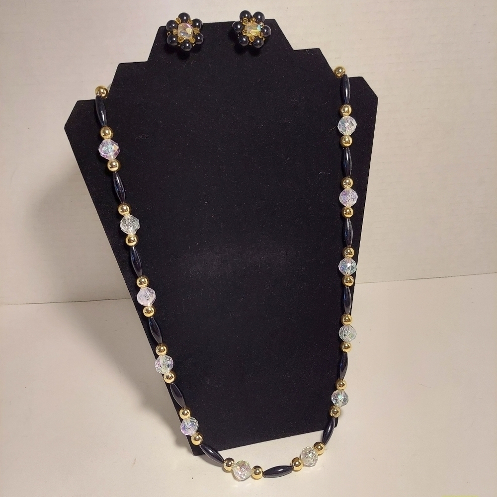 VTG Necklace + Signed Japan Rhinestone Black Glass Bead Cluster Clip Earring Set